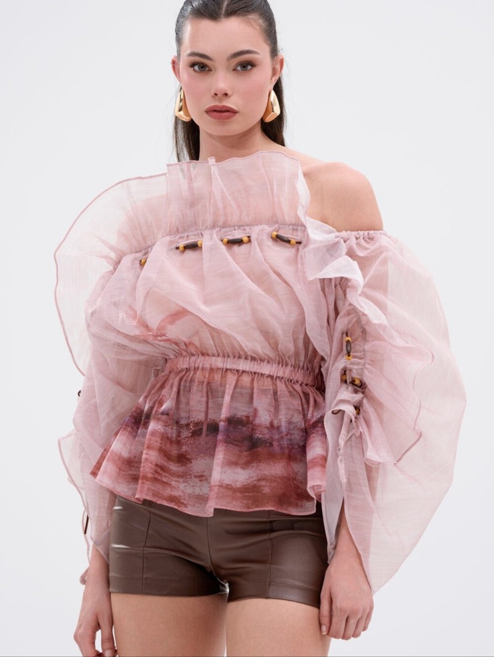 AKIRA Sheer Ruffled Blouson Top in Dusty Mauve and Rose Ombre